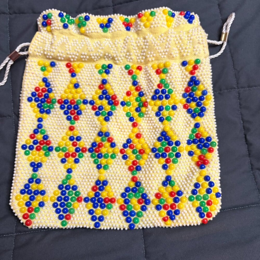 Vintage Reversible 70’s Beaded Drawstring Purse / Sack Boho Hippy Festival Pouch - Picture 5 of 13